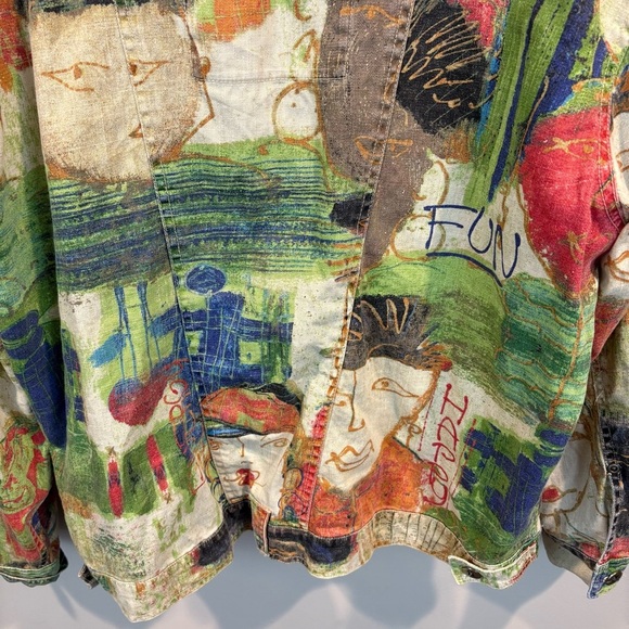 Vtg Chico’s Abstract Art to Wear Faces Graffiti Funky Linen Jacket Size 3/XL - Picture 8 of 11